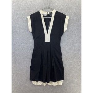 JUMA Women's Dress Black White Trim Pleated Size Small Cotton Silk